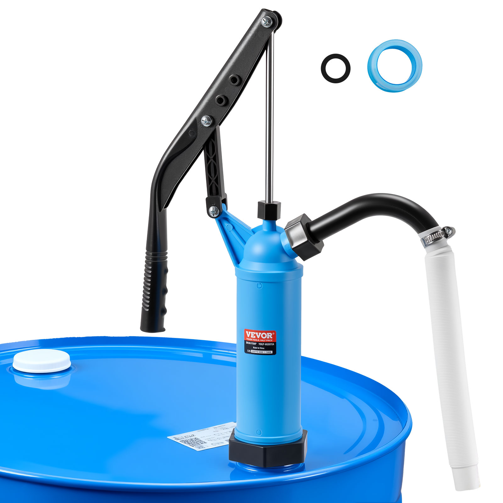 Drum Pump, 9.5 oz. Per Stroke, Lever-Action Barrel Pump, Fits 5-55 Gallon Drums with 3-Section Suction Tube Assembly & Hose, Hand Operated, Designed to Transfer Water, Alcohol, Corrosive Liquids